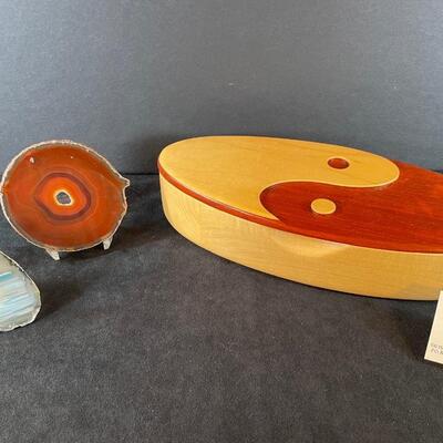 Lot 157. Wooden Box & Two Agate Slices