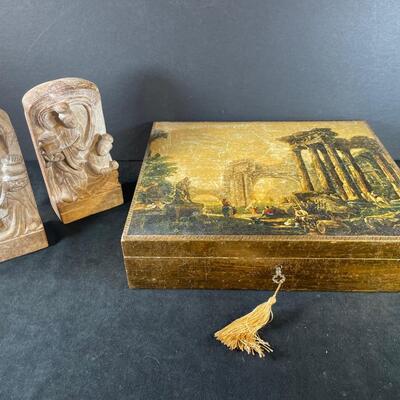 Lot 162. Vintage Wooden Box & Replica Bookends