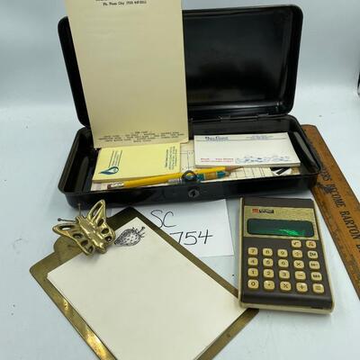 Metal box w/ misc office supplies
