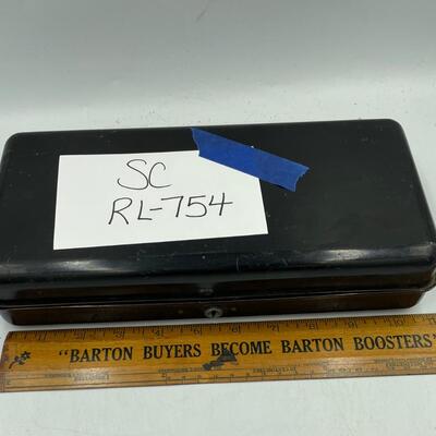 Metal box w/ misc office supplies