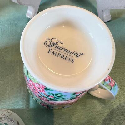Meryl Urdang layered Silk Rose glass plate, Fine unmatched floral china cups