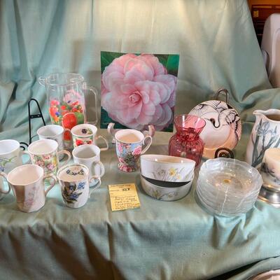 Meryl Urdang layered Silk Rose glass plate, Fine unmatched floral china cups
