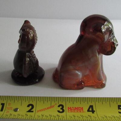 Older Hand Painted Boyd Glass Owl and Brown Slag Poochie Dog