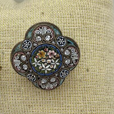 LOT 4R: Vintage Brooches: Red, White, Blue Fraternal  & Beautiful Mosaic Floral