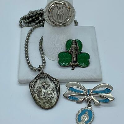 LOT 9R: Vintage Religious Collection: St. Joseph Necklace, Blue Enamel Mary Pin, St. Patrick Enamel Clover & More