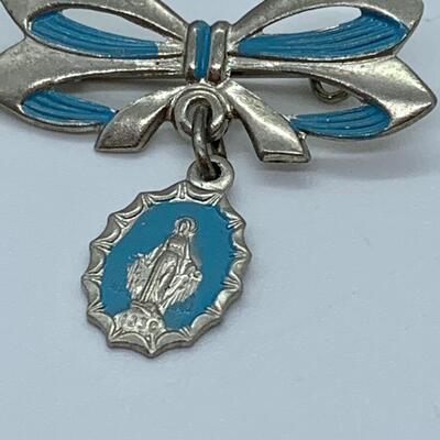 LOT 9R: Vintage Religious Collection: St. Joseph Necklace, Blue Enamel Mary Pin, St. Patrick Enamel Clover & More
