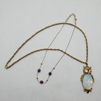 LOT 24G Vintage Necklaces: Goldtone Opalescence Owl w/Rhinestone Eyes & Amethyst Beaded Fashion