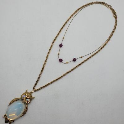 LOT 24G Vintage Necklaces: Goldtone Opalescence Owl w/Rhinestone Eyes & Amethyst Beaded Fashion