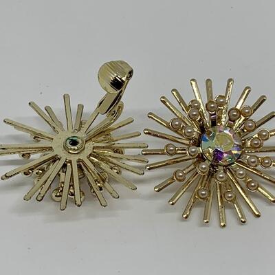 LOT 28R: Vintage Atomic Starburst Rhinestone w/Pearls Lever Back Earrings & Van Dell 12K Gold Filled Floral Screw Back Earrings