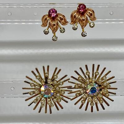 LOT 28R: Vintage Atomic Starburst Rhinestone w/Pearls Lever Back Earrings & Van Dell 12K Gold Filled Floral Screw Back Earrings