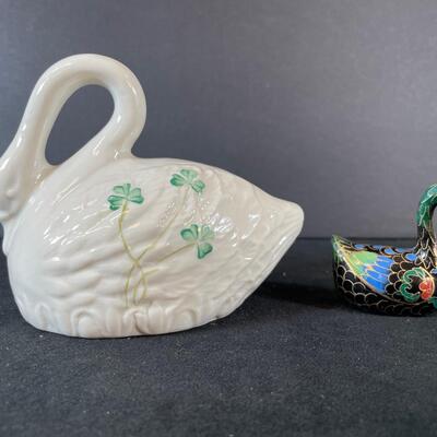 Lot 236.  Beleek Swan and Cloisonne Swan