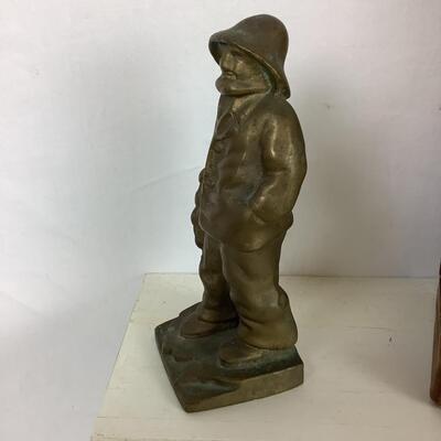 5180 Assorted Brass Lot Candle Stick Holders, Oyster Bowl, Fisherman Figure & Bookend