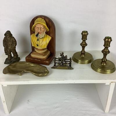 5180 Assorted Brass Lot Candle Stick Holders, Oyster Bowl, Fisherman Figure & Bookend