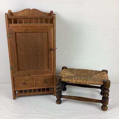 5185 Antique Wall Cabinet & Rush Seat Spool Leg Stool