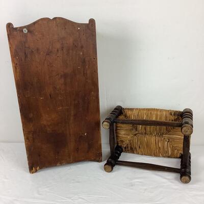 5185 Antique Wall Cabinet & Rush Seat Spool Leg Stool