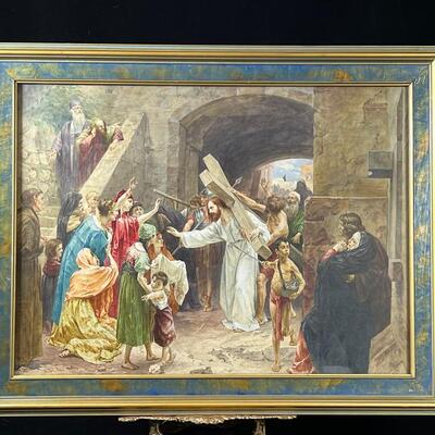Frank Schlitzer Significant Watercolor of Christ carrying the cross to Calvary