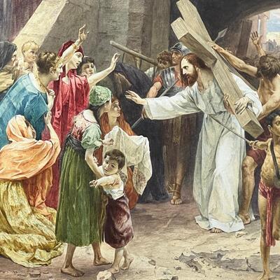 Frank Schlitzer Significant Watercolor of Christ carrying the cross to Calvary