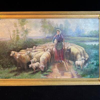 Late 19th C Painting Charming Girl Herding Sheep