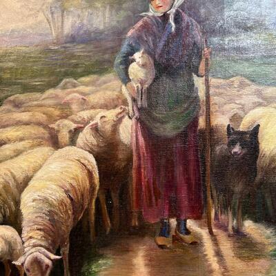 Late 19th C Painting Charming Girl Herding Sheep