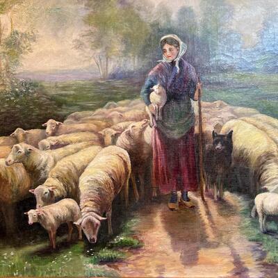 Late 19th C Painting Charming Girl Herding Sheep