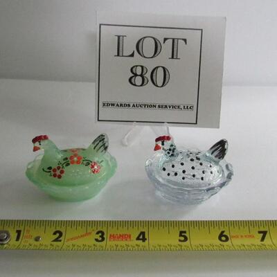 2 Vintage Boyd Glass Hand Painted Hen on Nest Covered Salts