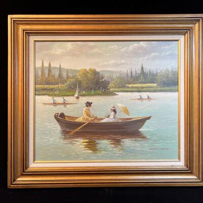 Charles Parker Painting Late 20th C Ladies in a Rowboat bucolic landscape