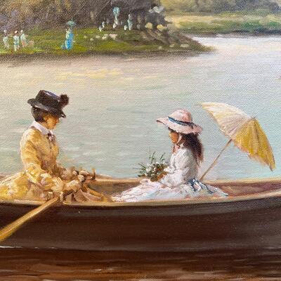 Charles Parker Painting Late 20th C Ladies in a Rowboat bucolic landscape