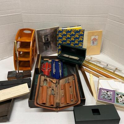 5188 Lot of Office Supplies & Tools Vintage Stamps, Architectural Tools, Gold Pen