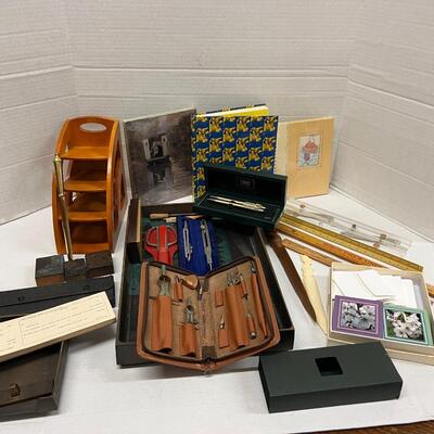 5188 Lot of Office Supplies & Tools Vintage Stamps, Architectural Tools, Gold Pen