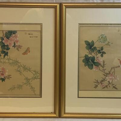 Pair Framed Asian Art - Bird, Flowers ðŸŒ¸ Leaves ðŸƒ & Asian Garden ðŸª´ Art 18â€ wide x 22.5â€ high approx