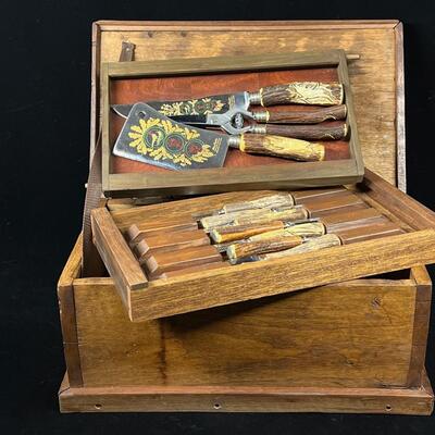 Klaus Tragbar Hand Carved Staghorn Cutlery Carving Set Heavy Wood box