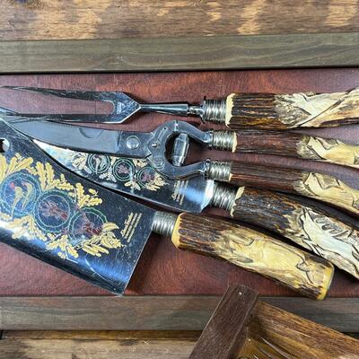 Klaus Tragbar Hand Carved Staghorn Cutlery Carving Set Heavy Wood box