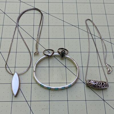 Sterling Silver Lot of Jewelry, 2 Necklaces, Bracelet, 2 rings