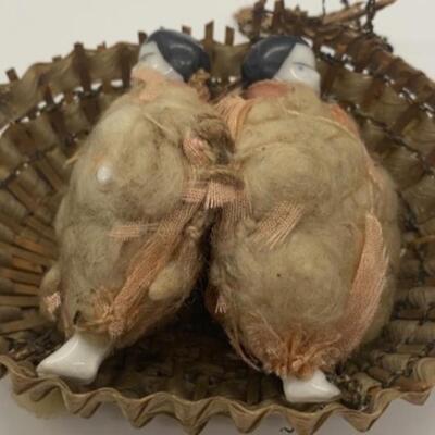 Antique Miniature Porcelain Baby Dolls wrapped in cloth - with basket ðŸ§º