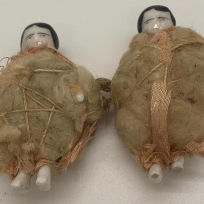 Antique Miniature Porcelain Baby Dolls wrapped in cloth - with basket ðŸ§º