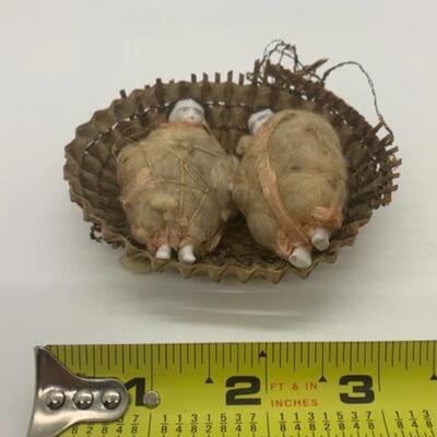 Antique Miniature Porcelain Baby Dolls wrapped in cloth - with basket ðŸ§º