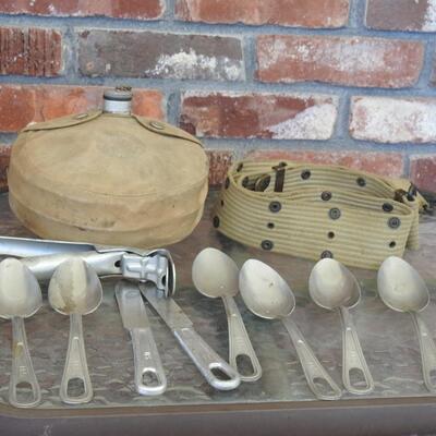 Grouping of vintage military equipment and boy scouts canteen