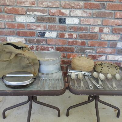 Grouping of vintage military equipment and boy scouts canteen