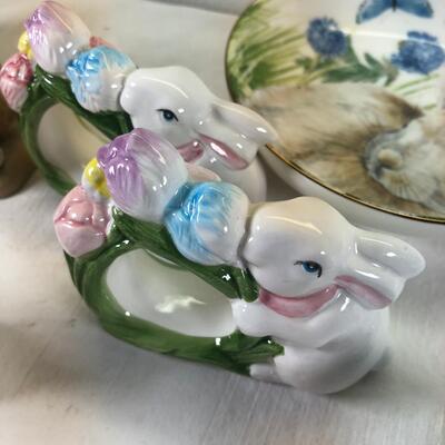 Mice and Rabbit figurines Glass eggs, Bunny plates,