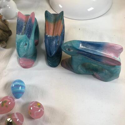 Mice and Rabbit figurines Glass eggs, Bunny plates,