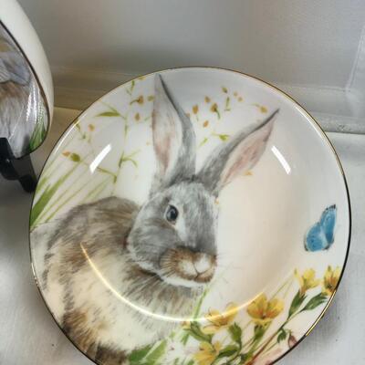 Mice and Rabbit figurines Glass eggs, Bunny plates,