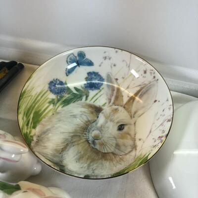 Mice and Rabbit figurines Glass eggs, Bunny plates,