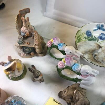 Mice and Rabbit figurines Glass eggs, Bunny plates,