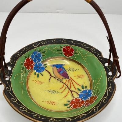 Vintage Raised Painted Dish with Rattan Handle