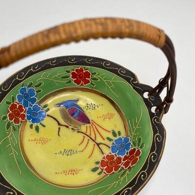 Vintage Raised Painted Dish with Rattan Handle
