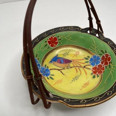 Vintage Raised Painted Dish with Rattan Handle