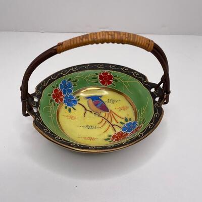Vintage Raised Painted Dish with Rattan Handle