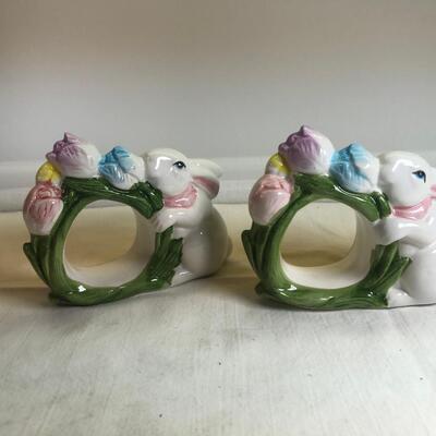 Rabbit plates and napkin rings, Glass eggs in basket