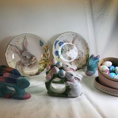 Rabbit plates and napkin rings, Glass eggs in basket