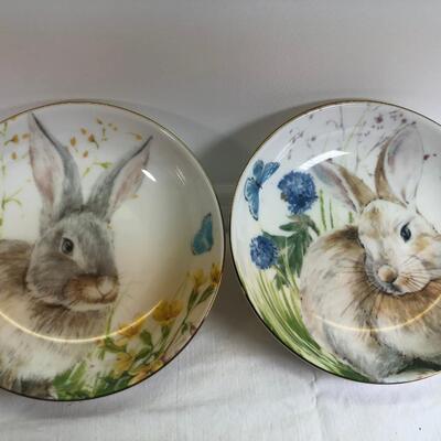 Rabbit plates and napkin rings, Glass eggs in basket